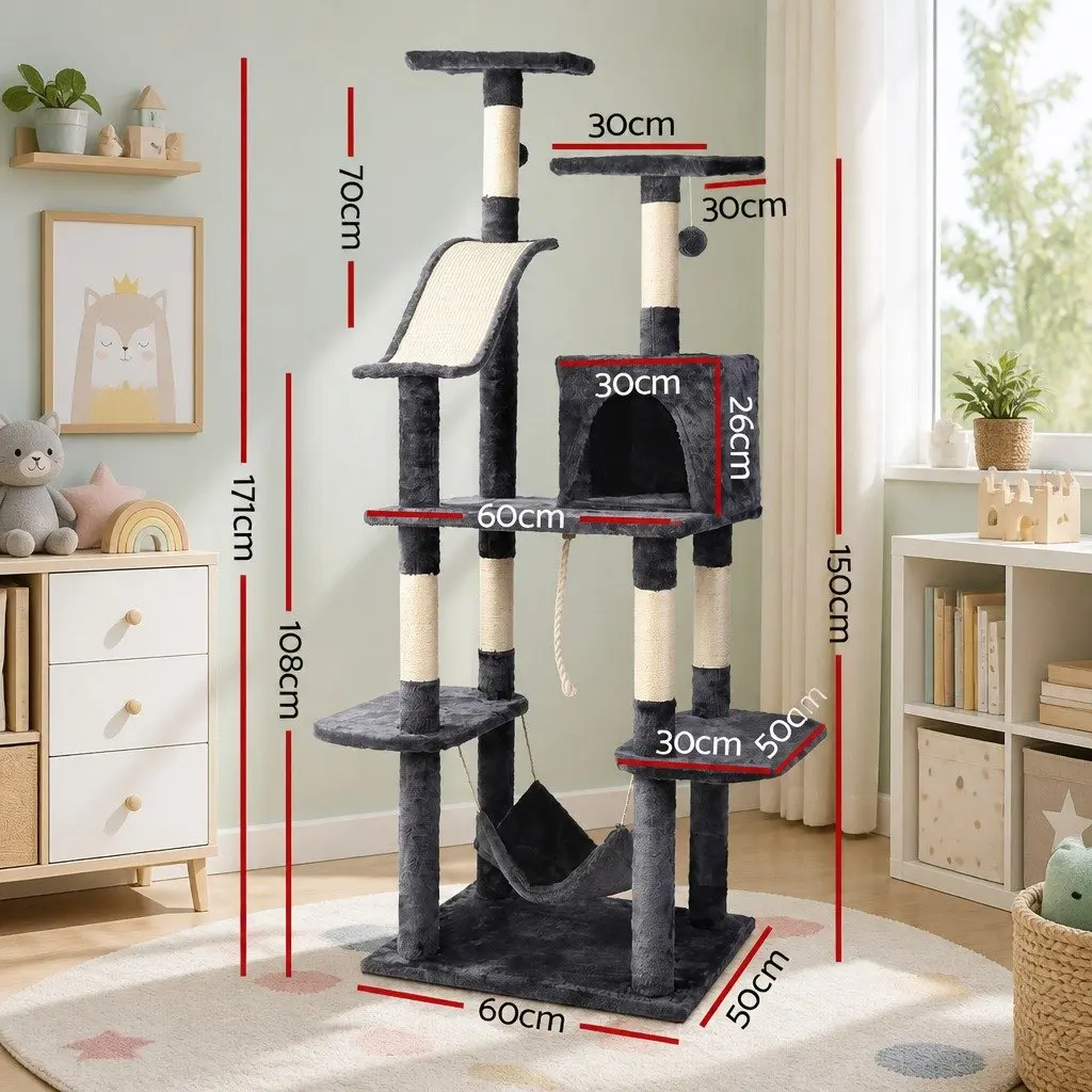 Cat Tree 171cm Tall Multi-Level Scratching Post Tower with Wooden Condo Bed Hammock and Rope Toys