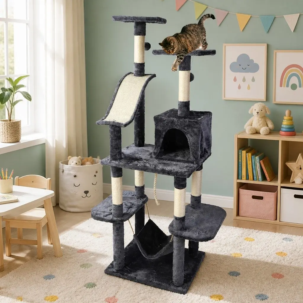 Cat Tree 171cm Tall Multi-Level Scratching Post Tower with Wooden Condo Bed Hammock and Rope Toys