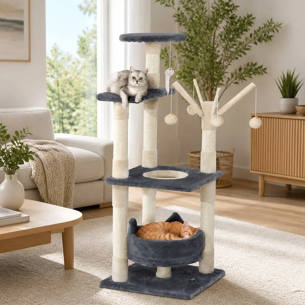 Cat Tree 110cm Multi-Level Scratching Post Condo House with Toys Grey Wood