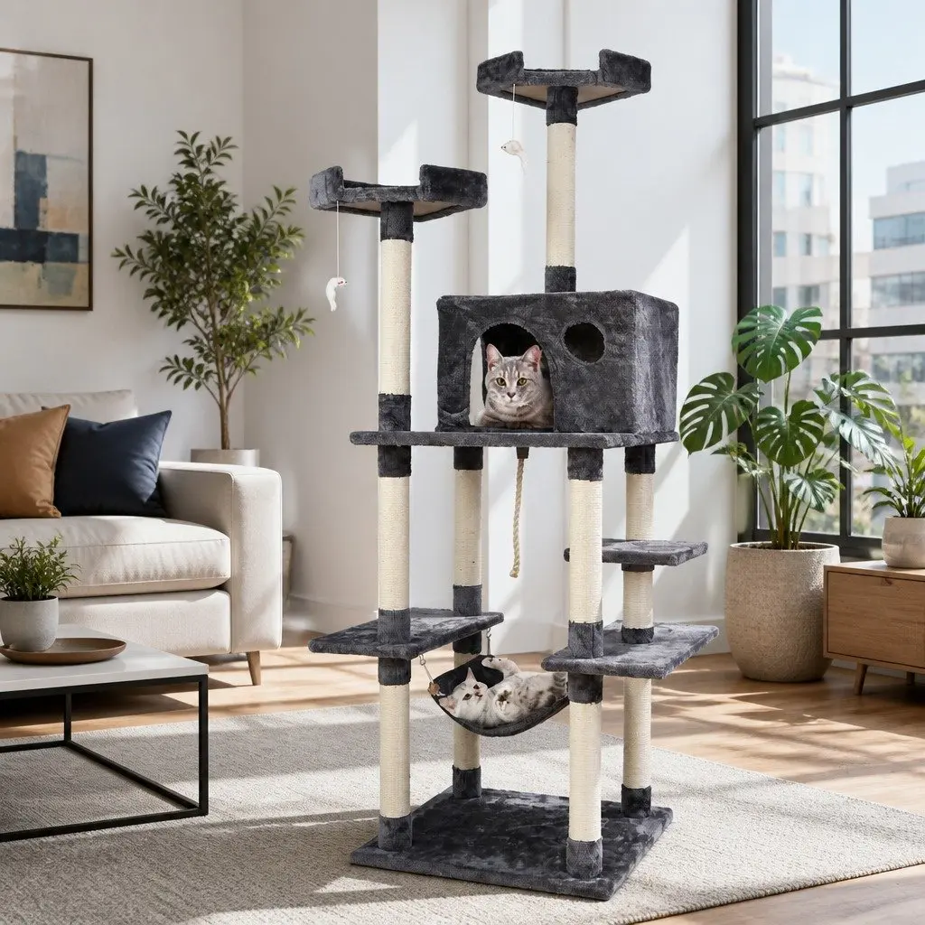 Cat Scratching Post 184cm Multi-Level Climbing Tower with Bed Cube Hammock and Hanging Rope Grey