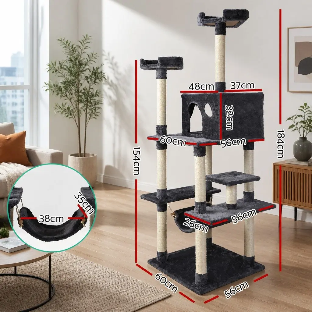 Cat Scratching Post 184cm Multi-Level Climbing Tower with Bed Cube Hammock and Hanging Rope Grey