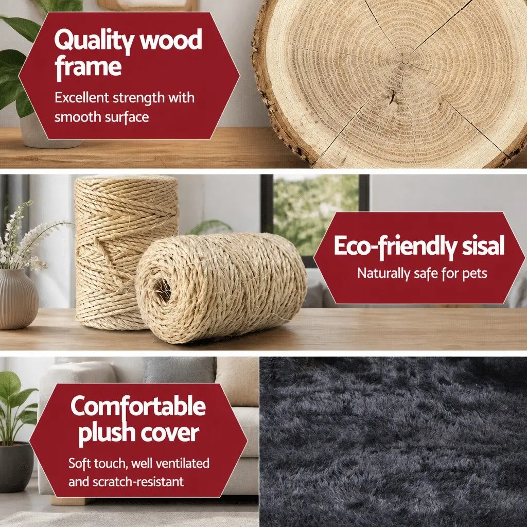 Cat Scratching Post 184cm Multi-Level Climbing Tower with Bed Cube Hammock and Hanging Rope Grey