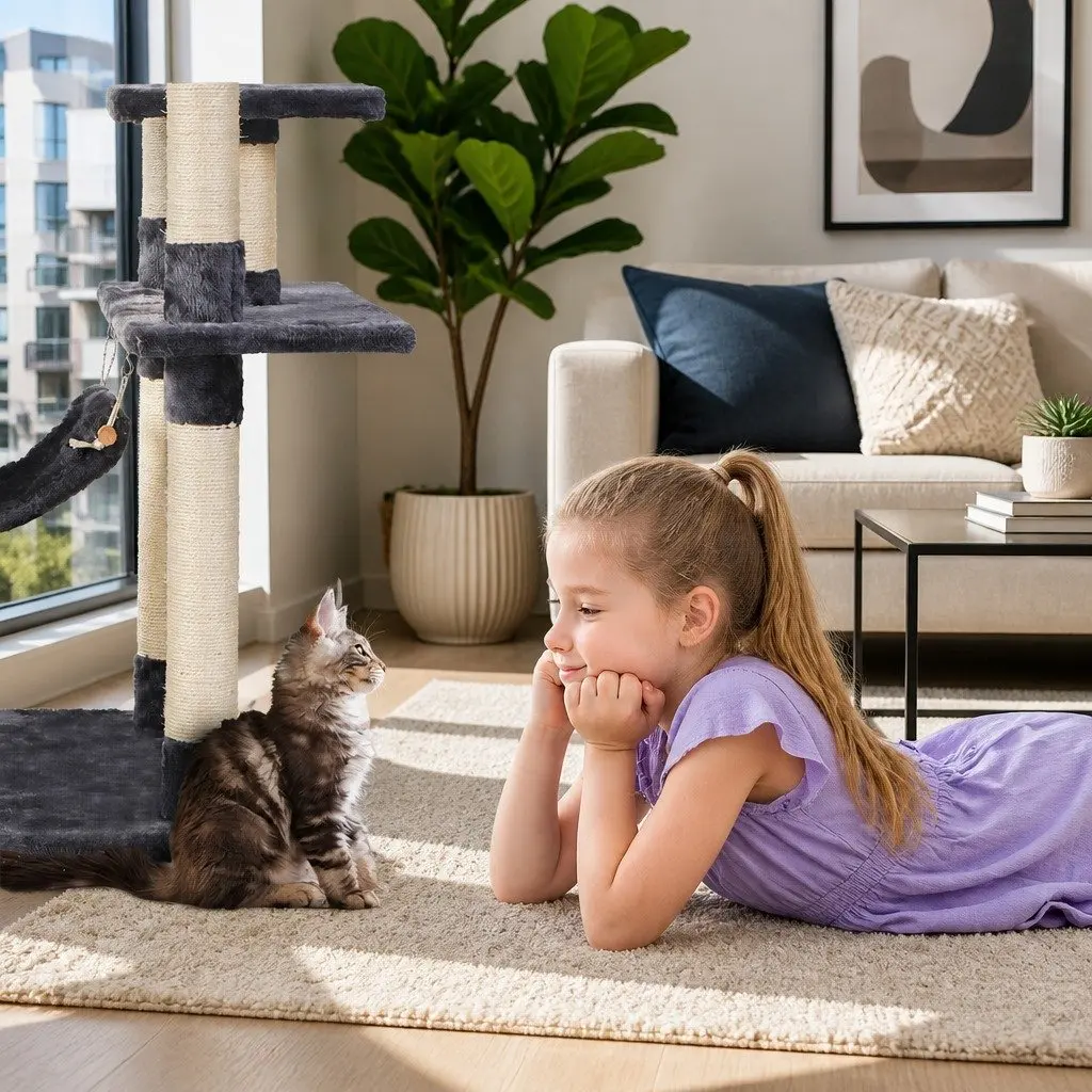 Cat Scratching Post 184cm Multi-Level Climbing Tower with Bed Cube Hammock and Hanging Rope Grey