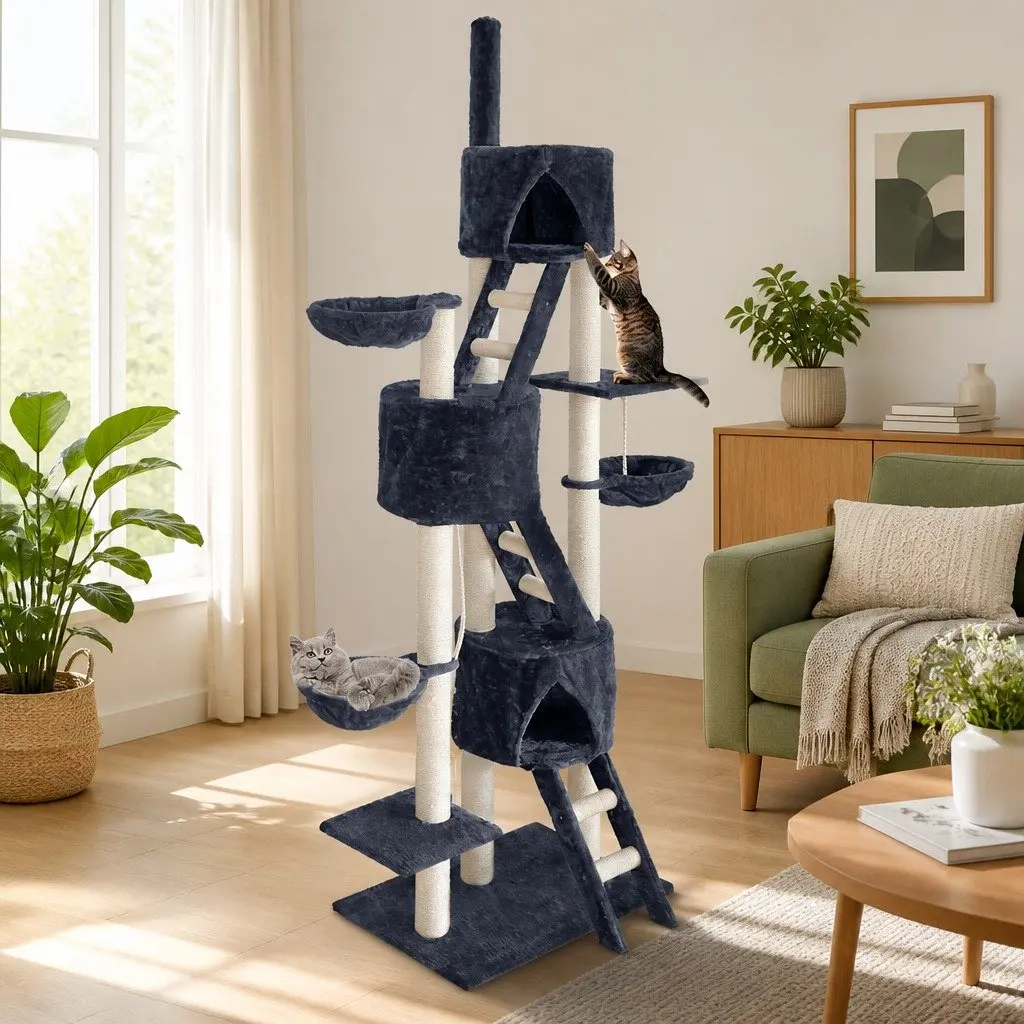 Cat Tree 244cm Tall Multi-Level Scratching Post Tower Condo House Grey