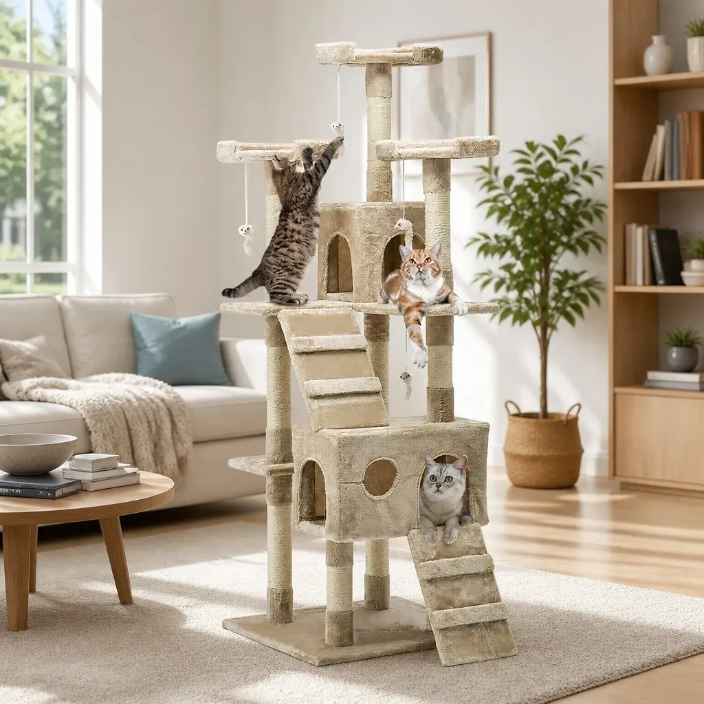Cat Tree 180cm Multi-Level Scratching Post Condo House Beige