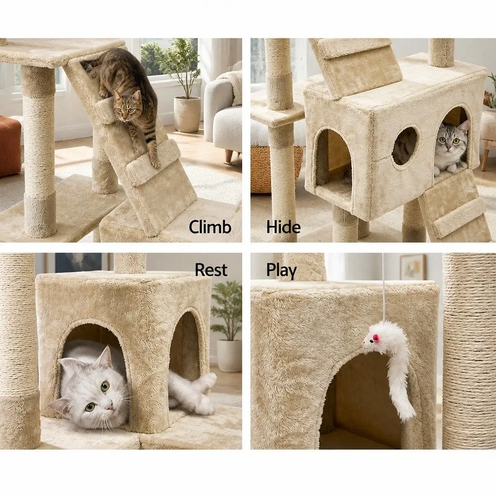 Cat Tree 180cm Multi-Level Scratching Post Condo House Beige