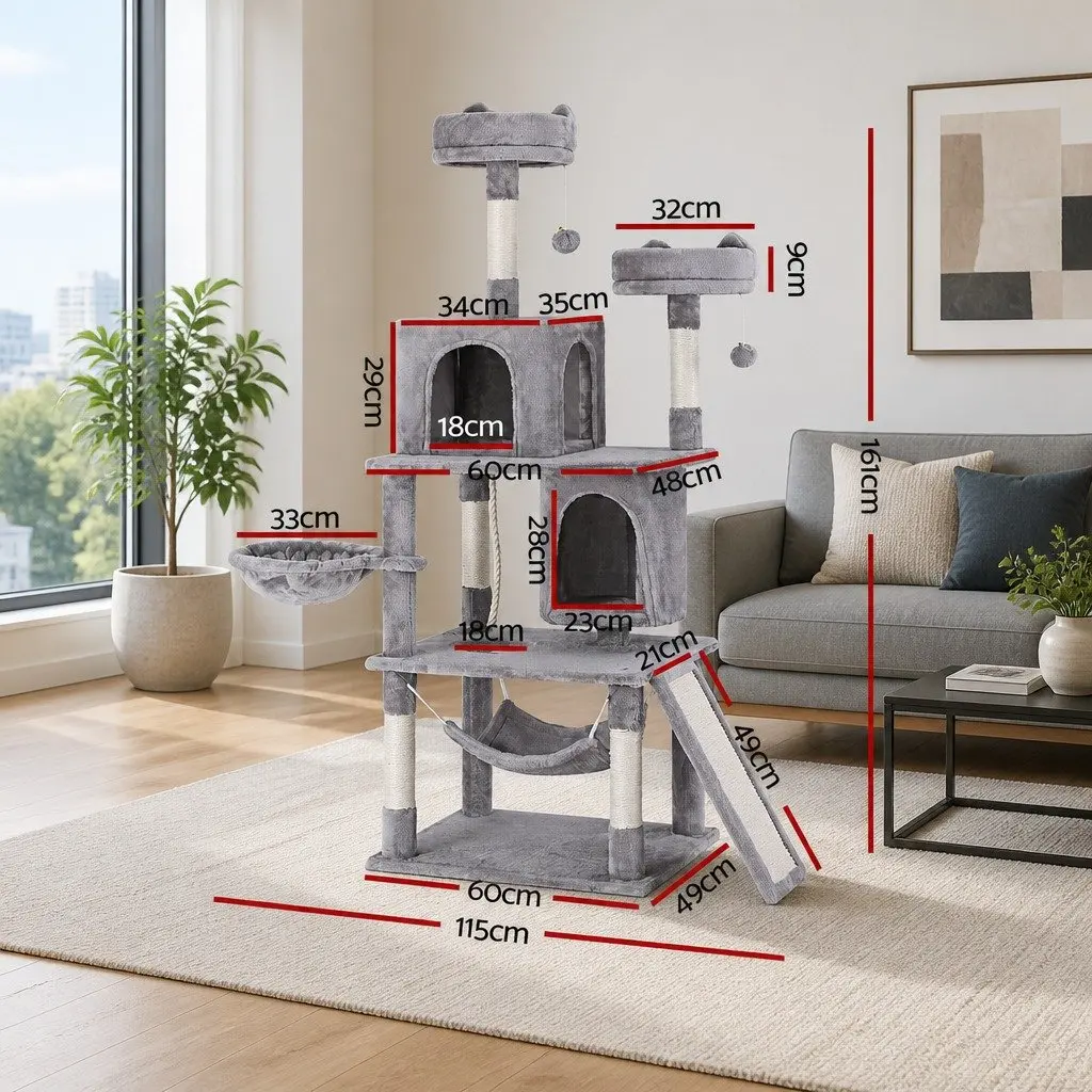 Cat Tree 161cm Multi-Level Scratching Post with Plush Velvet Cover and Natural Sisal Posts