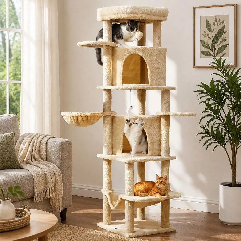 Cat Tree Tower 167cm Large Multi-Level Scratching Post with Plush Velvet Cover and Natural Sisal Posts Beige