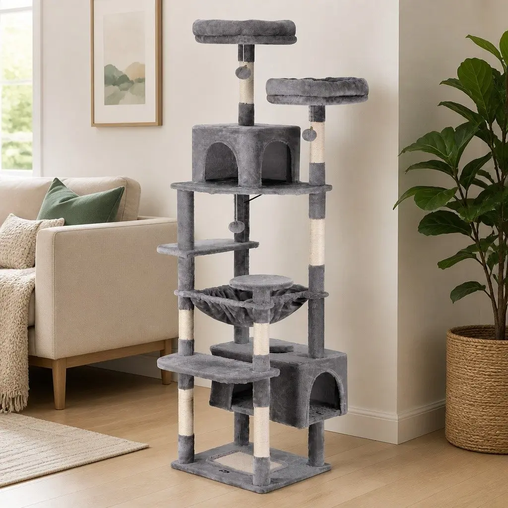 Cat Tree 184cm Tall Multi-Level Scratching Post Tower Light Grey