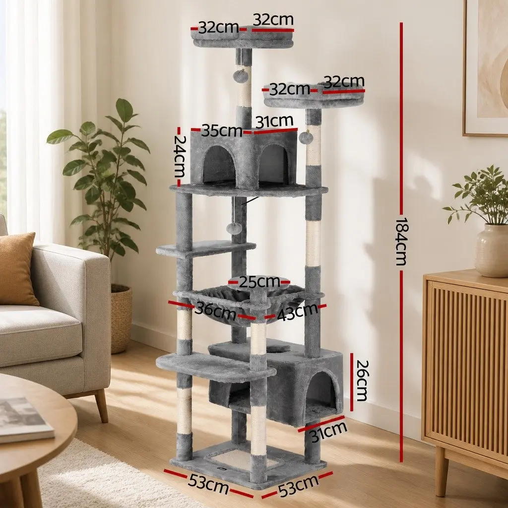Cat Tree 184cm Tall Multi-Level Scratching Post Tower Light Grey