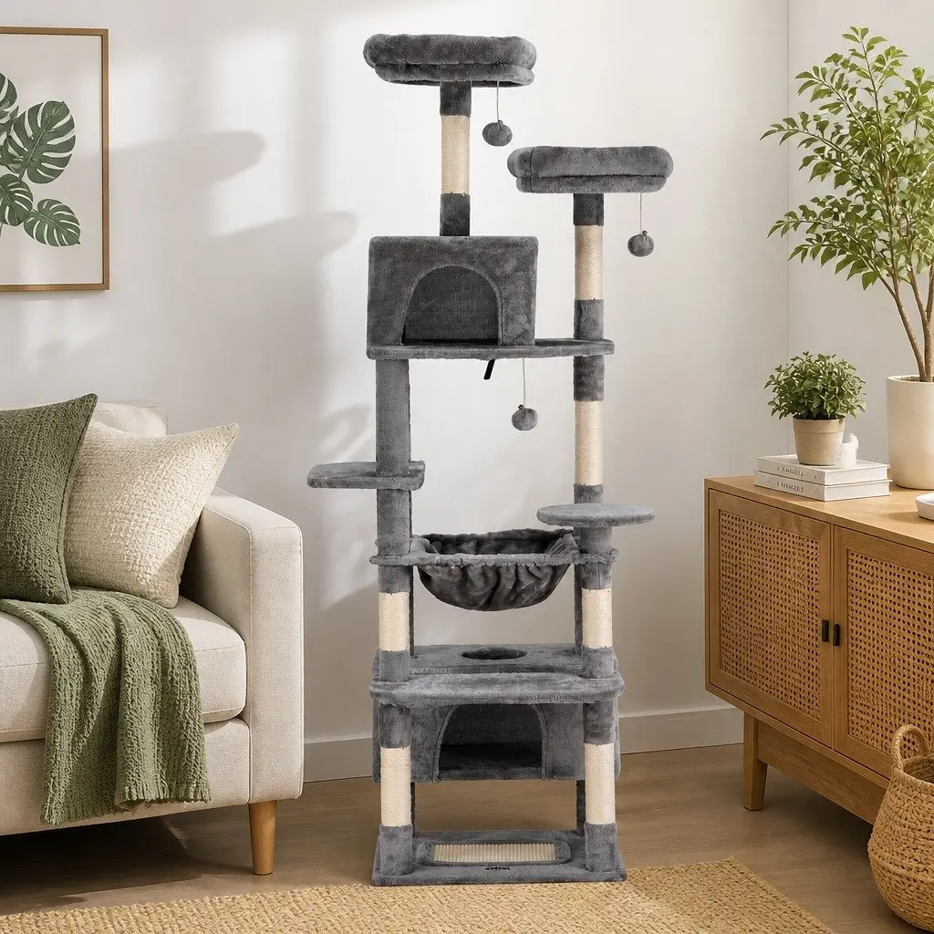 Cat Tree 184cm Tall Multi-Level Scratching Post Tower Light Grey