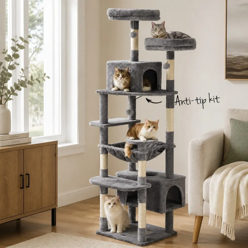Cat Tree 184cm Tall Multi-Level Scratching Post Tower Light Grey