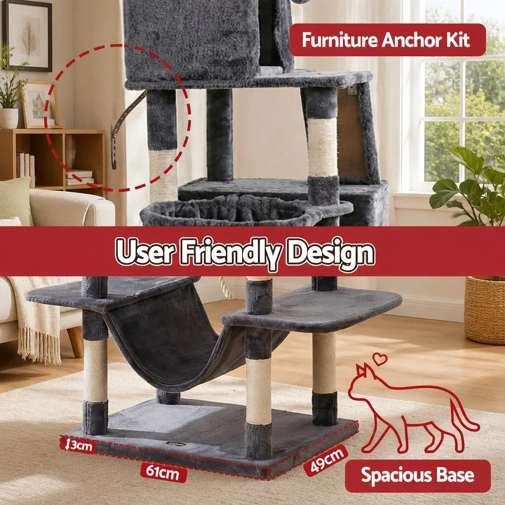 Cat Tree 206cm Large Multi-Level Scratching Post Plush Grey