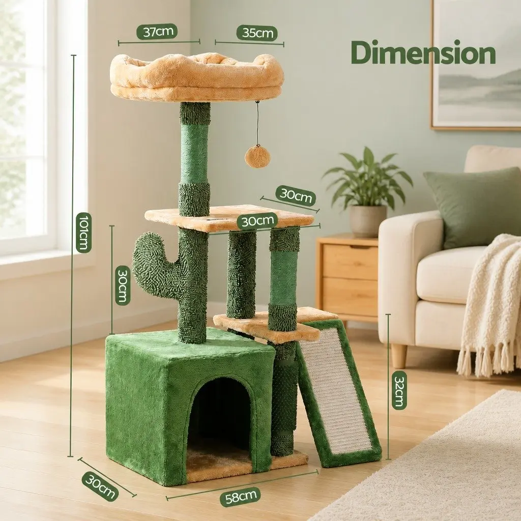 Cat Tree Tower 101cm Multi-Level Platform Scratching Post Green
