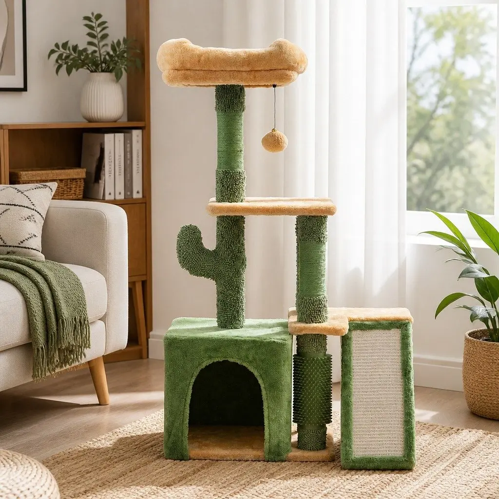 Cat Tree Tower 101cm Multi-Level Platform Scratching Post Green