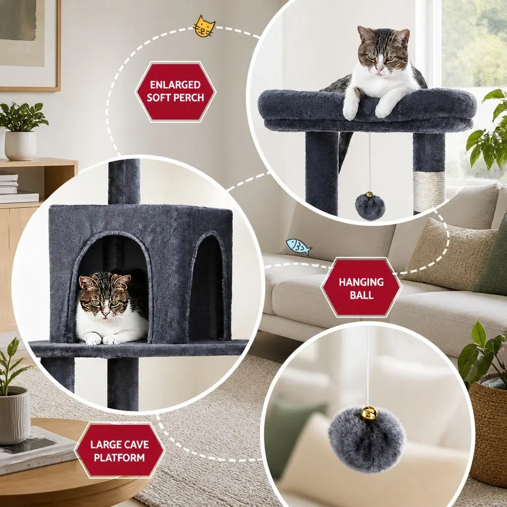 Cat Tree Tower 138cm Multi-Level Scratching Post Condo with Plush Velvet Cover and Natural Sisal Posts