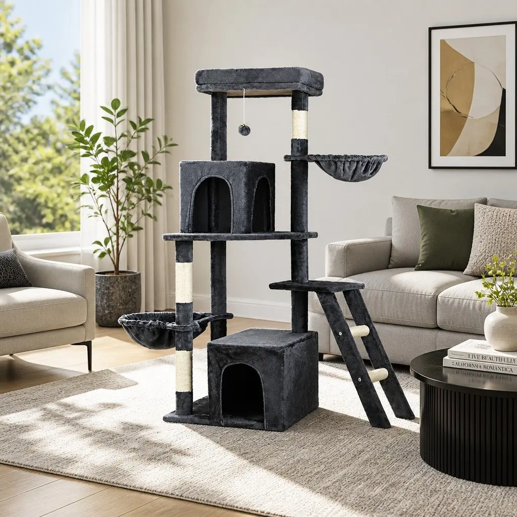 Cat Tree Tower 138cm Multi-Level Scratching Post Condo with Plush Velvet Cover and Natural Sisal Posts