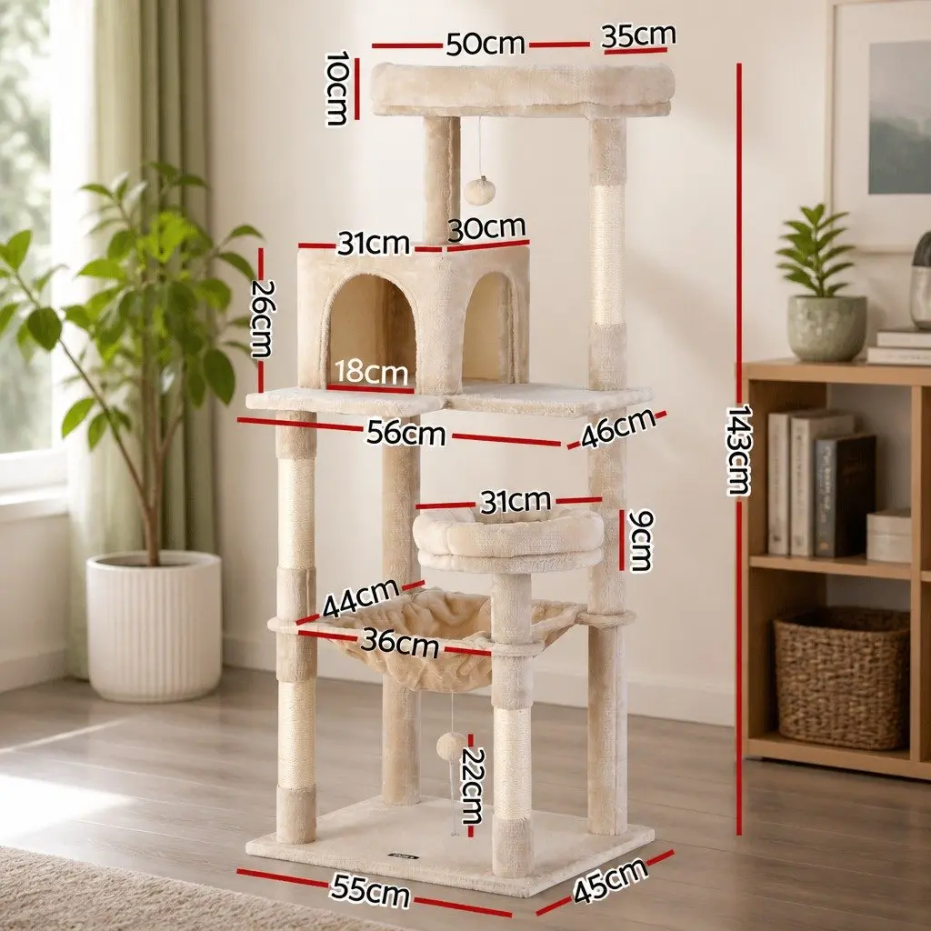 Cat Tree Tower 143cm Multi-Level Scratching Post Condo House with Bed Cubicle and Balls