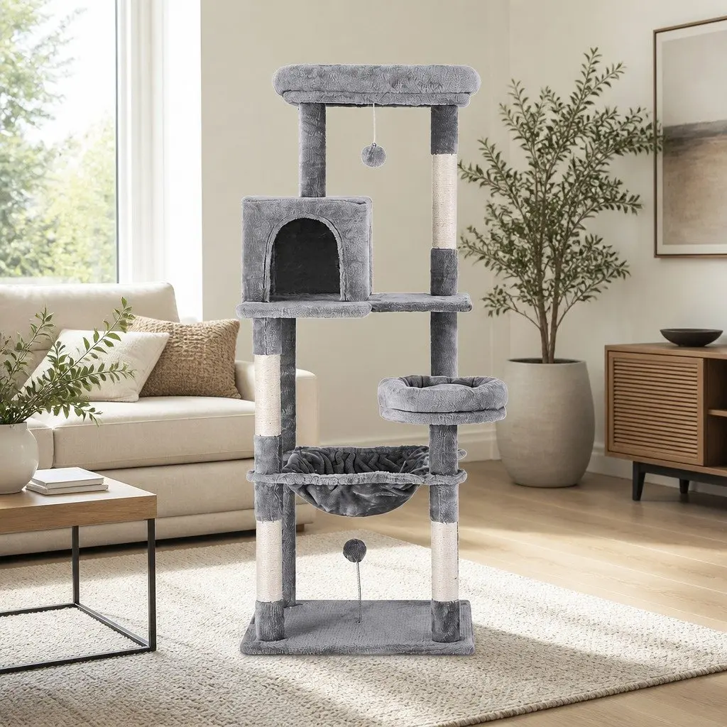 Cat Tree Tower 143cm Multi-Level Wooden Scratching Post with Plush Cover and Sisal Posts