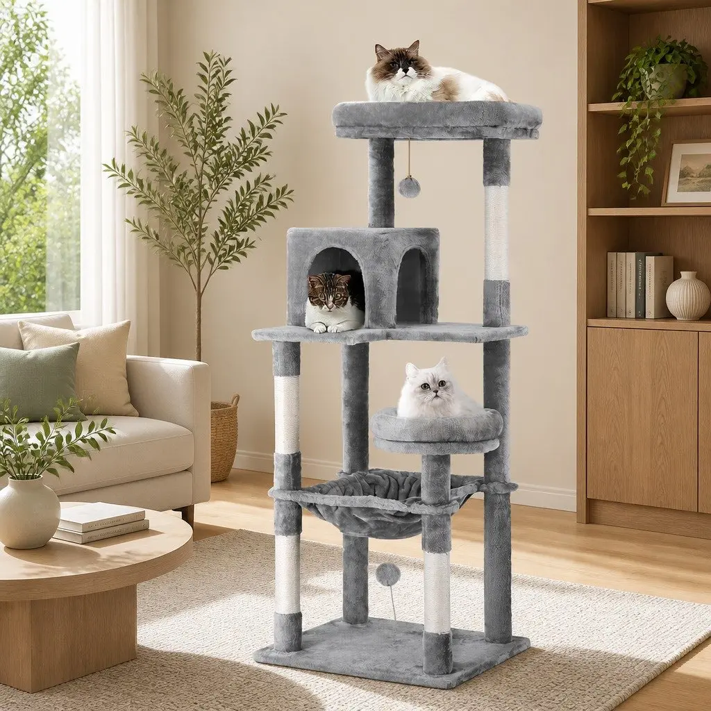 Cat Tree Tower 143cm Multi-Level Wooden Scratching Post with Plush Cover and Sisal Posts