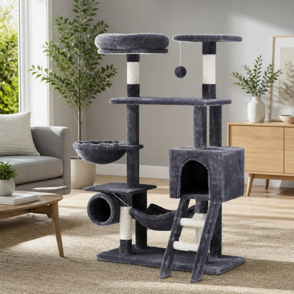 Cat Tree Tower 144cm Multi-Level Scratching Post Condo Bed House Grey Wood Toys