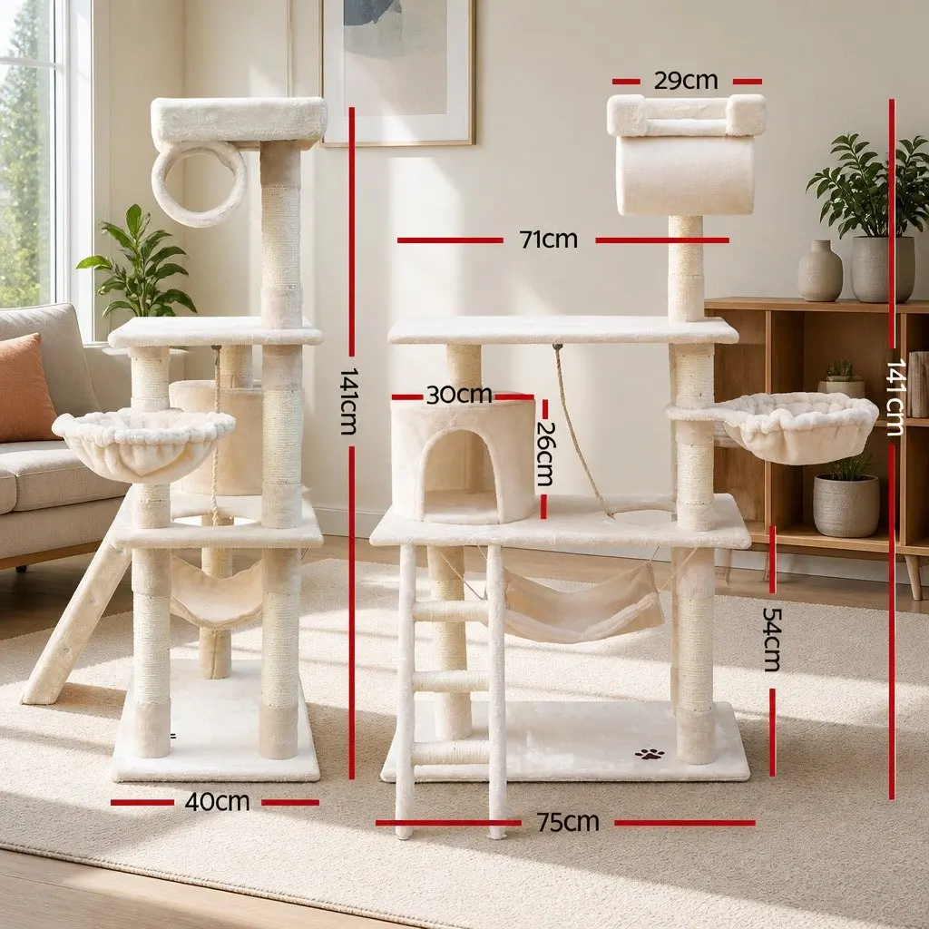 Cat Tree 141cm Medium Multi-Level Scratching Post Tower Condo with Sisal Poles Plush Bed