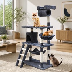 Cat Tree Tower 141cm Scratching Post Condo Perch Bed Plush Cover Grey