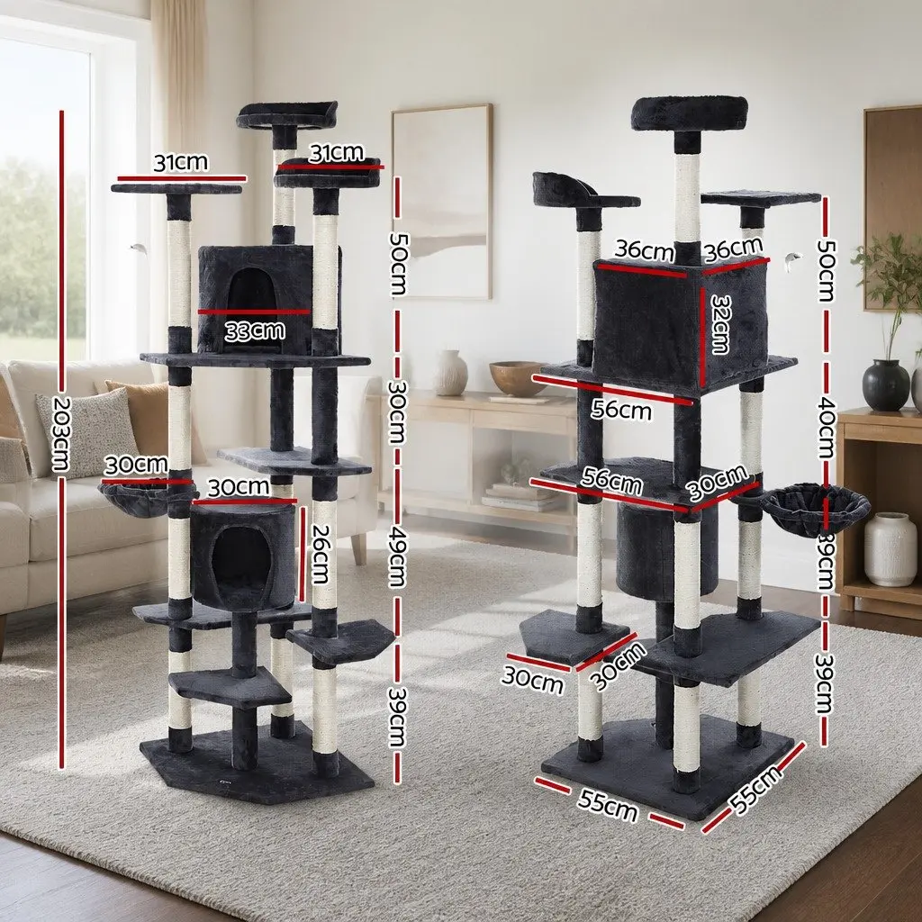 Cat Tree 203cm Multi-Level Scratching Post Condo House Bed Grey