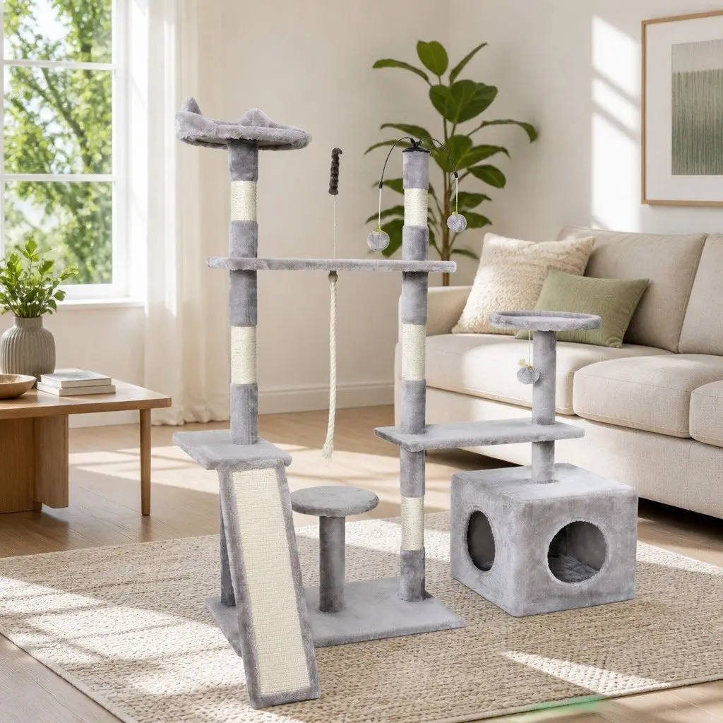 Cat Tree 135cm Scratching Post Tower 4-Level Condo House Grey Wood Toys Climbing