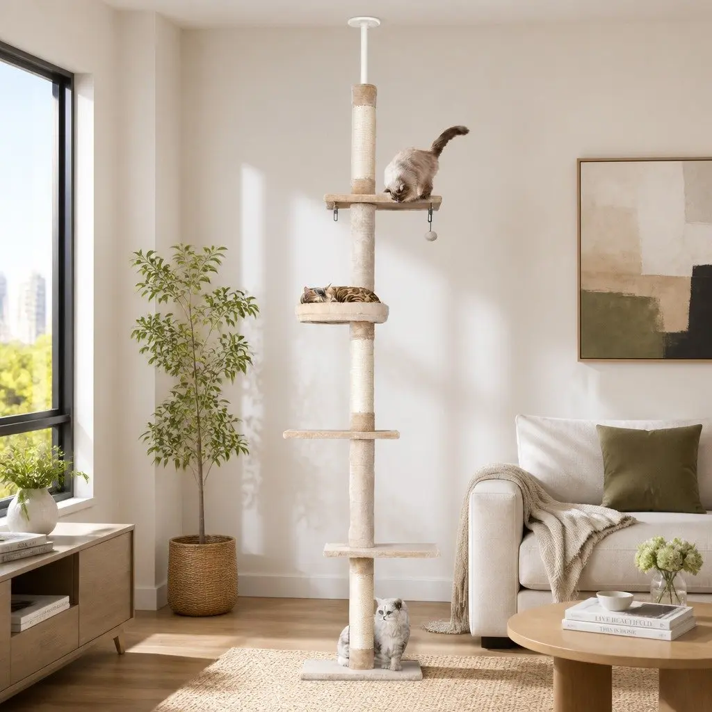 Cat Tree 290cm Floor to Ceiling Tower 5 Platform Levels Adjustable Height Scratching Post Bed