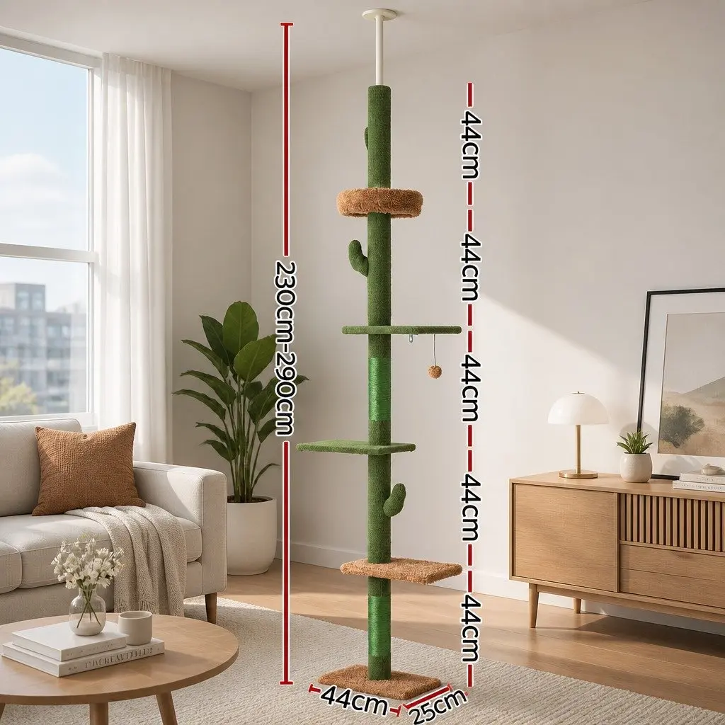 Cat Tree Tower 290cm Floor to Ceiling Adjustable Multi Level Scratching Post Bed