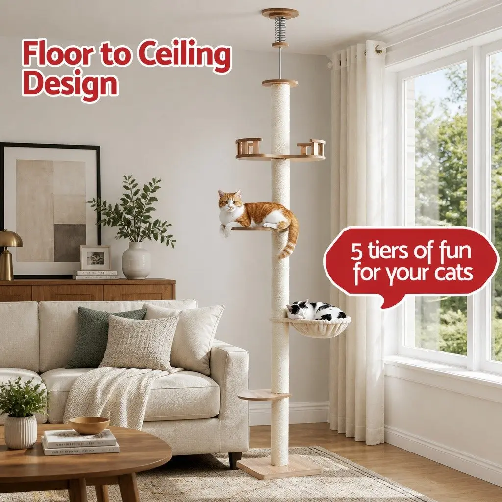 Cat Tree Tower 270cm Floor to Ceiling Multi-Level Platform with Sisal Scratching Posts and Plush Comfort Areas