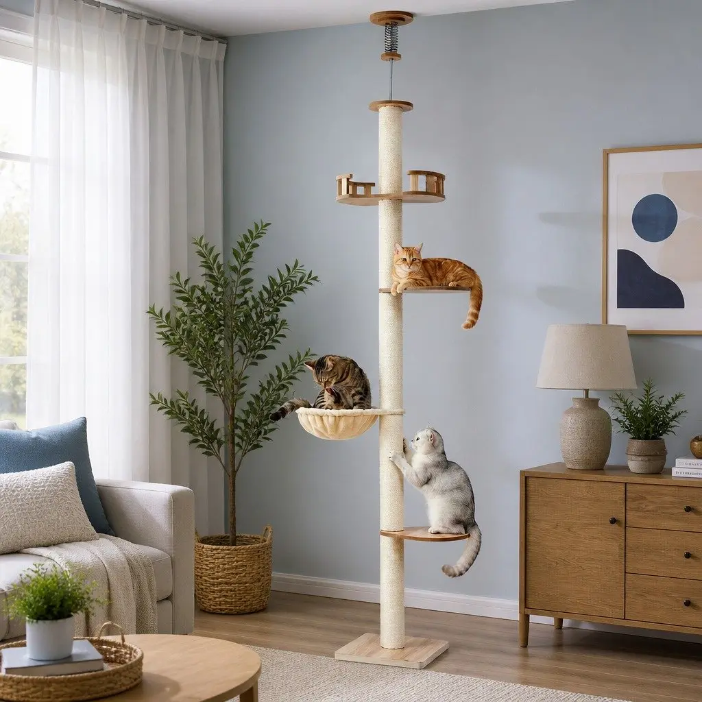 Cat Tree Tower 270cm Floor to Ceiling Multi-Level Platform with Sisal Scratching Posts and Plush Comfort Areas