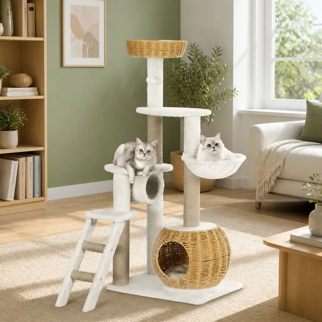 Cat Tree 138cm Multi-Level Scratching Post with Rattan Cubby and Fabric Tunnel