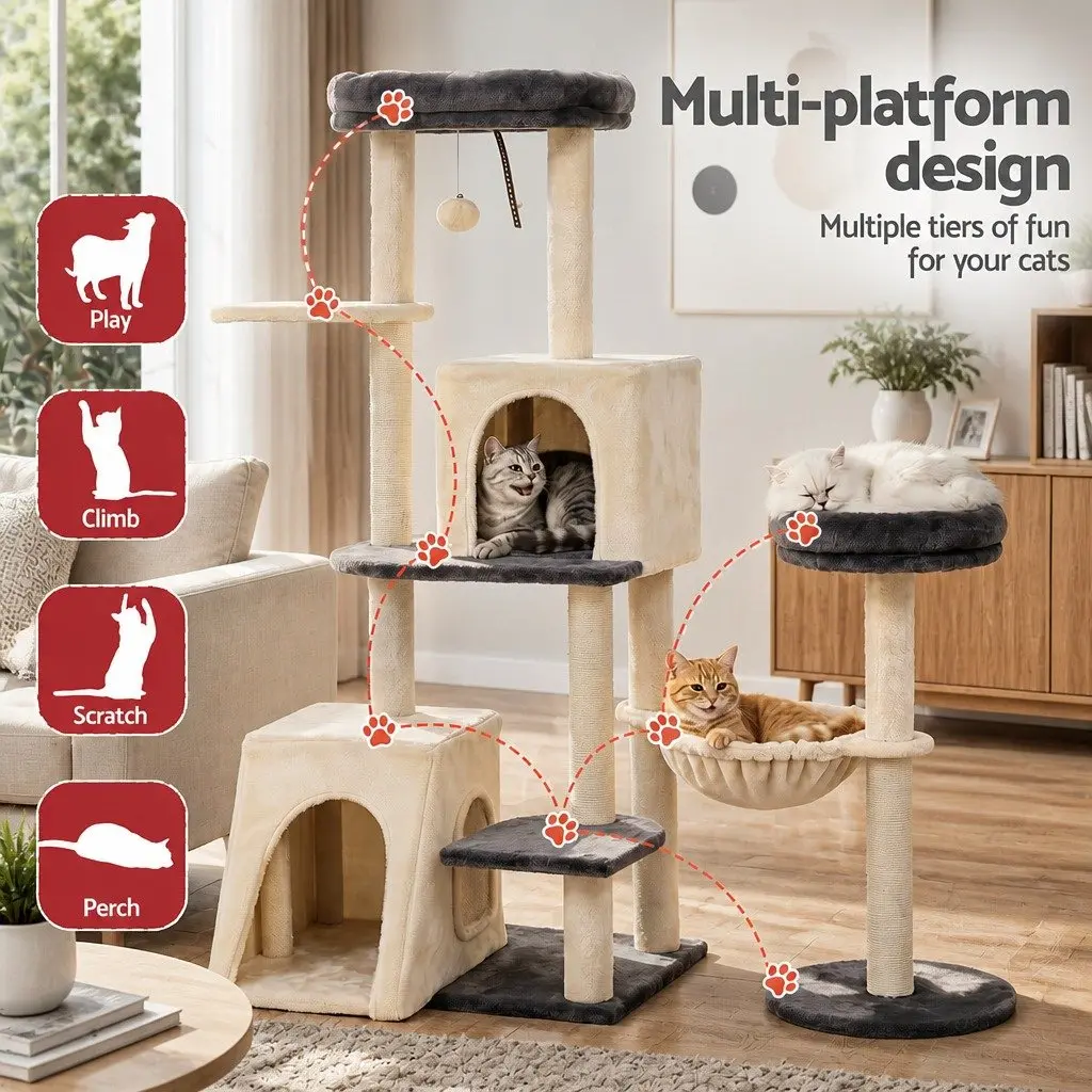 Cat Tree Tower 133cm Rotatable L-Shape Multi-Level Scratching Post with Dual Hideaway Caves and Twin Perches