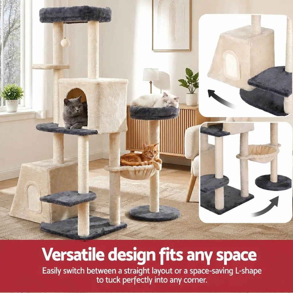Cat Tree Tower 133cm Rotatable L-Shape Multi-Level Scratching Post with Dual Hideaway Caves and Twin Perches