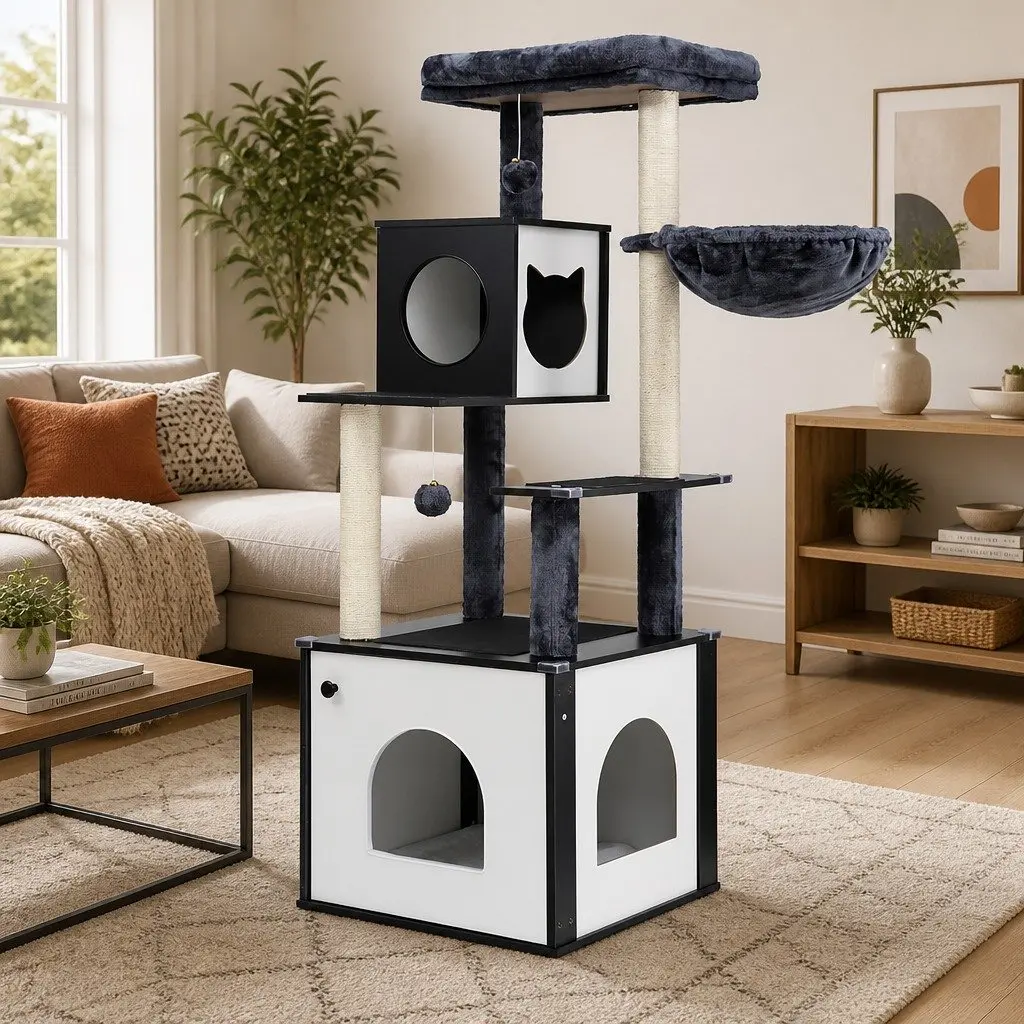 Cat Tree Tower 144cm Multi-tiered Wooden Scratching Post with Plush Bed and Cradle