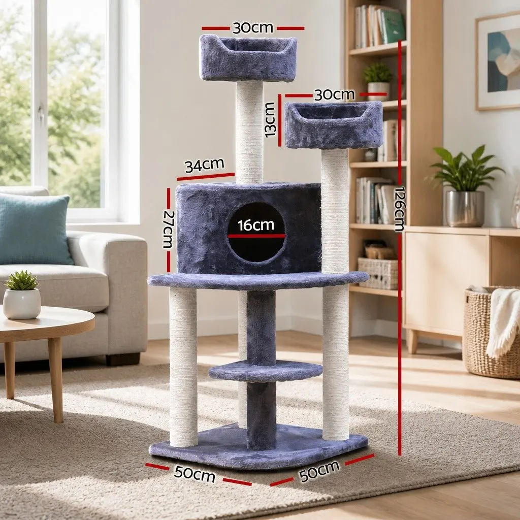 Cat Tree 126cm Multi-Level Scratching Post Condo House Grey