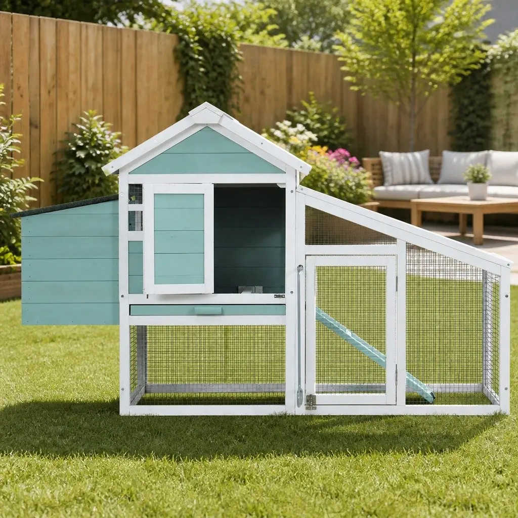 Wooden Chicken Coop Rabbit Hutch 150cm Spacious Pet House with Integrated Ground Enclosed Play Area and Slide-out Tray for Easy Cleaning