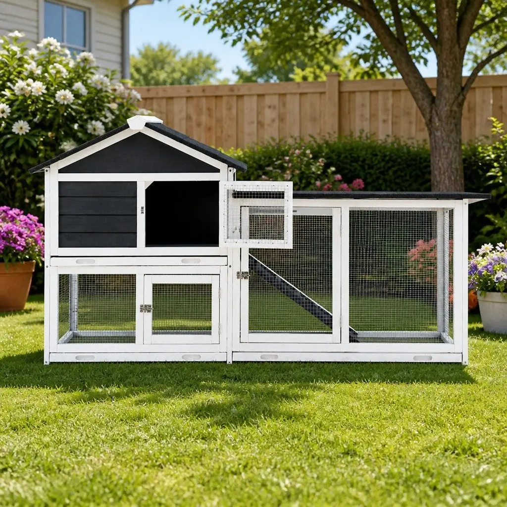 Chicken Coop Rabbit Hutch Wooden Run Cage House Extra Large with Ramp Door