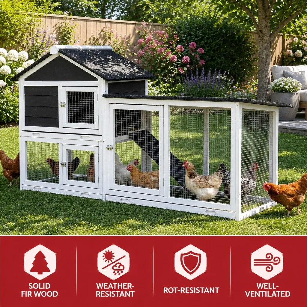 Chicken Coop Rabbit Hutch Wooden Run Cage House Extra Large with Ramp Door