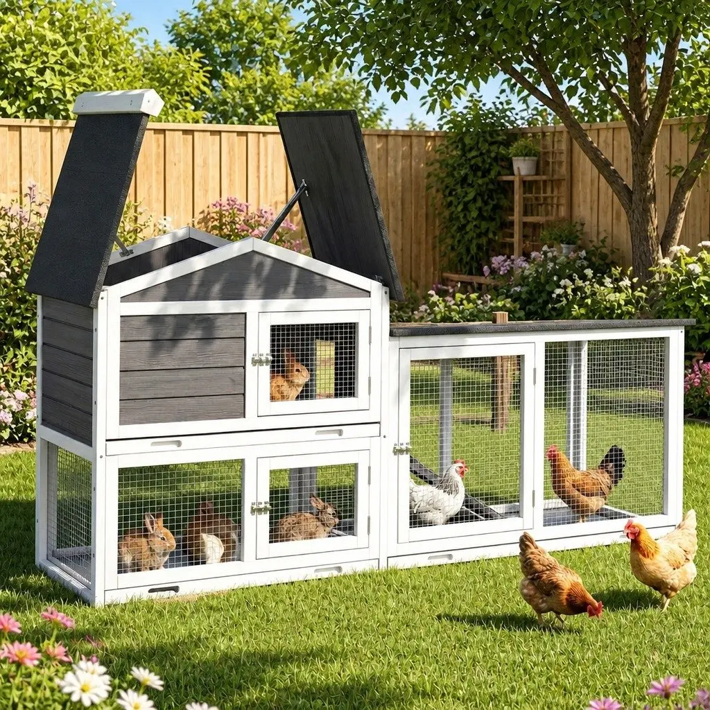 Chicken Coop Rabbit Hutch Wooden Run Cage House Extra Large with Ramp Door