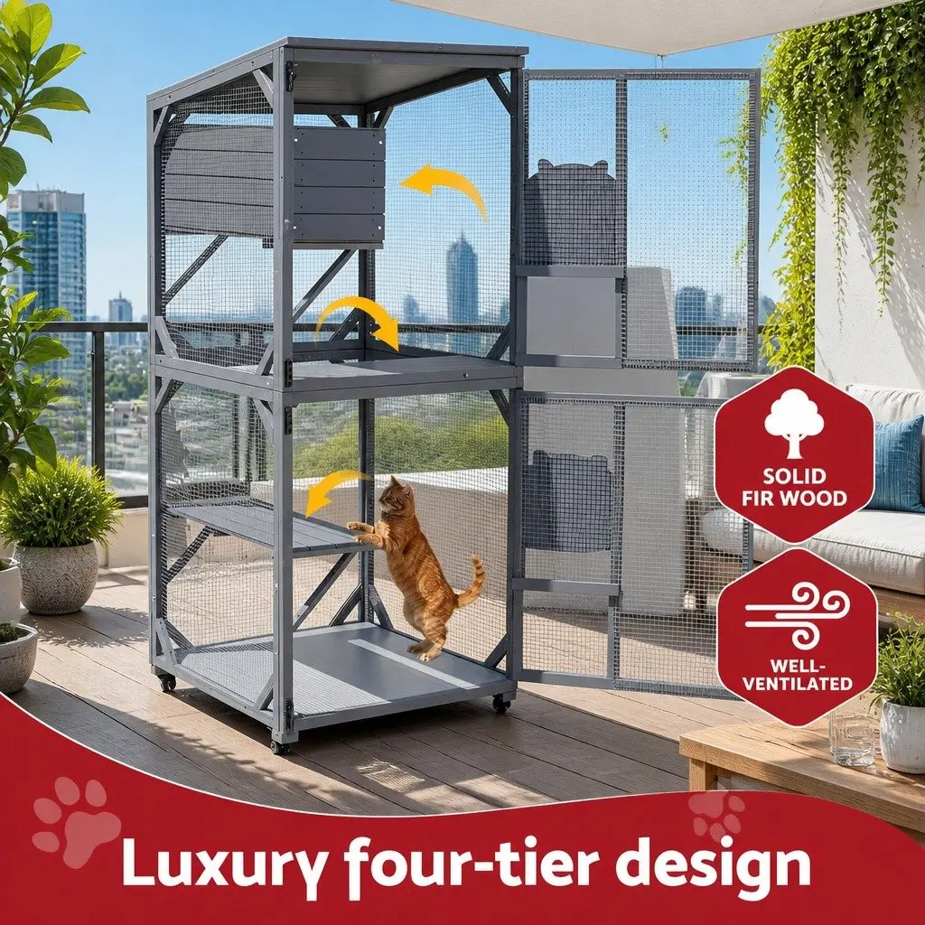 Cat House 180cm Multi-Tier Wooden Pet Hutch with Climbing Space and Top Rest House