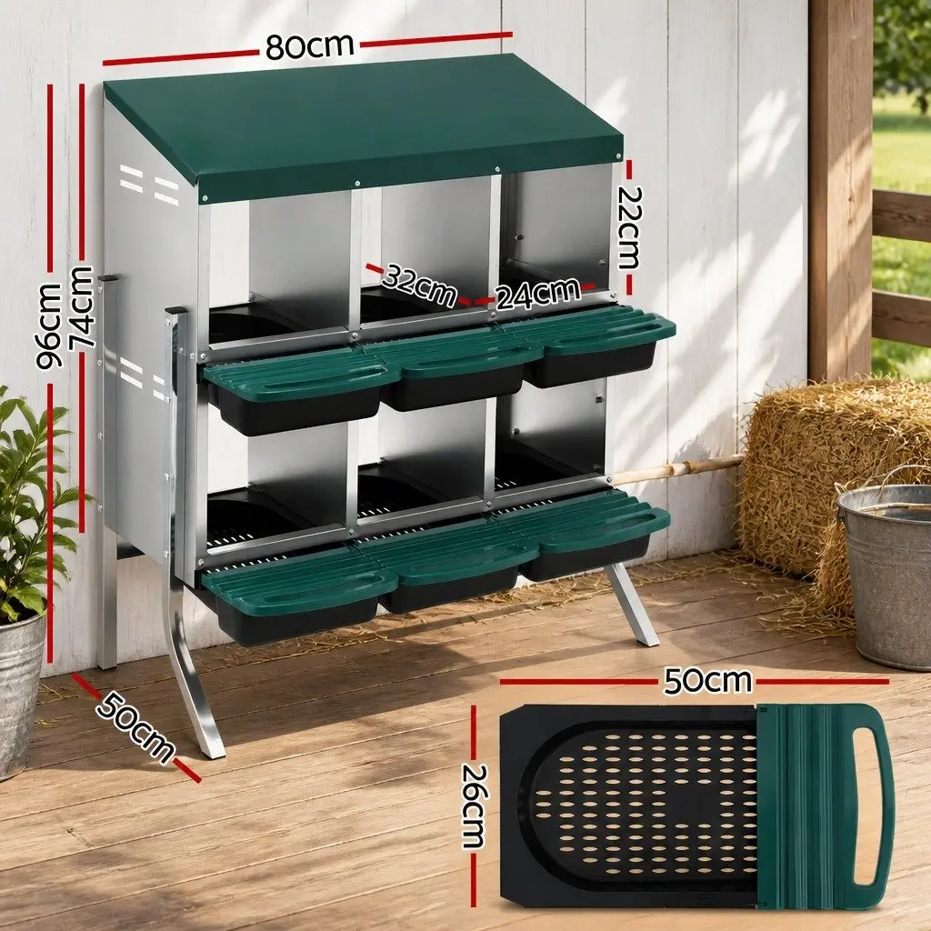 Chicken Nesting Box 6 Holes Roll Away Metal Wall Mounted Green Automatic Egg Collection
