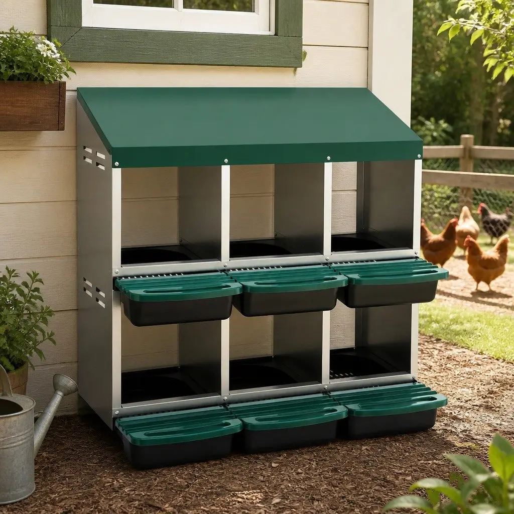 Chicken Nesting Box 6 Hole Roll Away Automatic Egg Collection Wall Mounted Galvanized Sheet Metal Construction