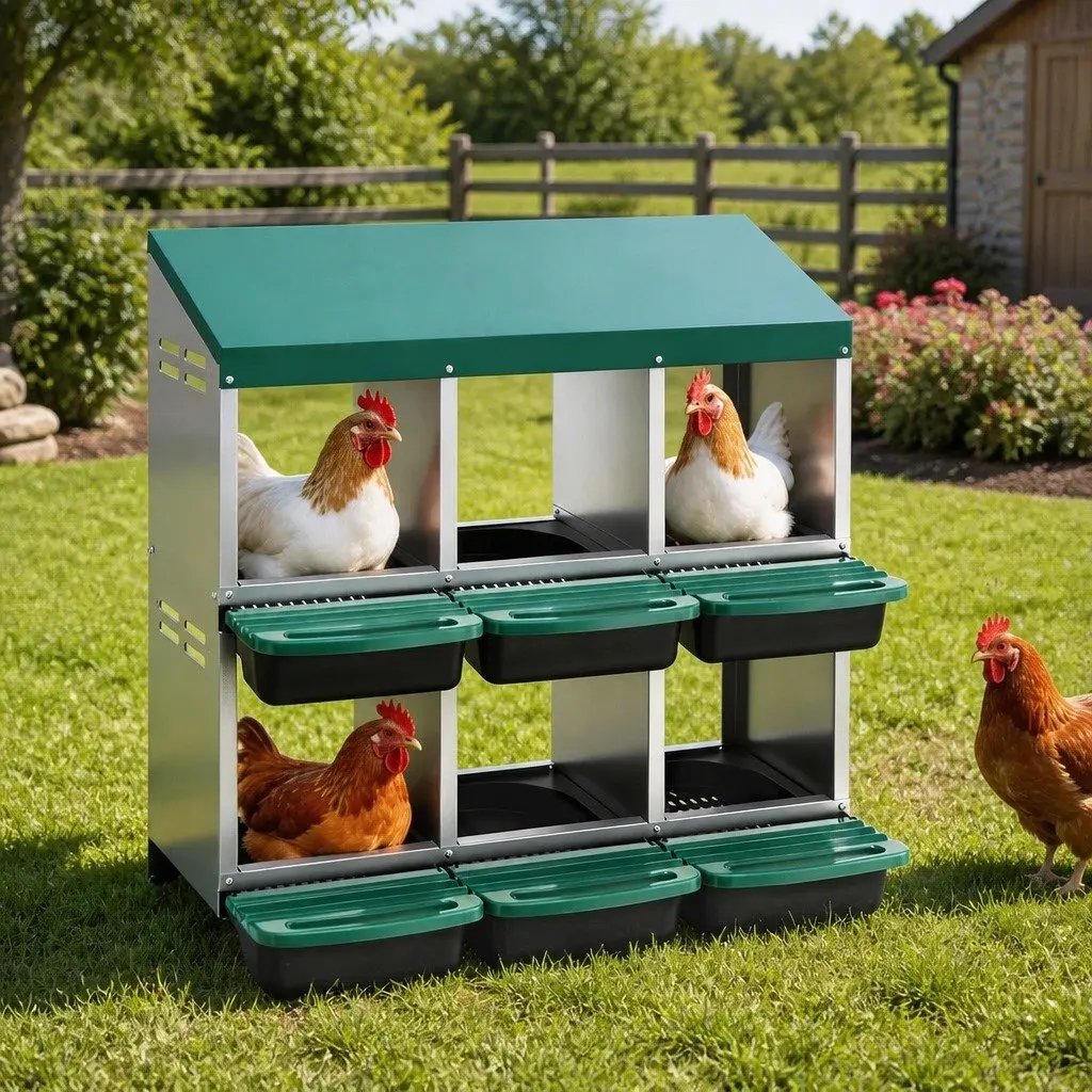 Chicken Nesting Box 6 Hole Roll Away Automatic Egg Collection Wall Mounted Galvanized Sheet Metal Construction