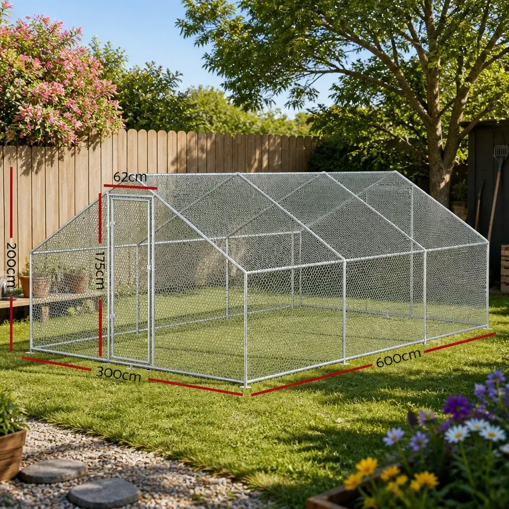 Chicken Coop Cage 3m x 6m x 2m Walk-in Galvanised Steel Frame Poultry Enclosure