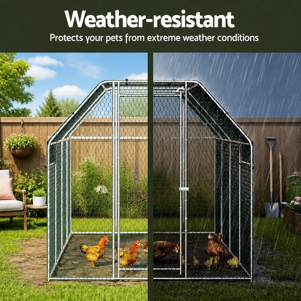Chicken Coop Cage Run Rabbit Hutch Walk In Hen House Silver 2m x 8m x 2m Weather Resistant Roof Galvanised Steel Frame