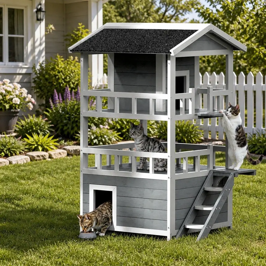 Wooden Cat House Rabbit Hutch Small Animal Shelter Outdoor Indoor Pet Condo