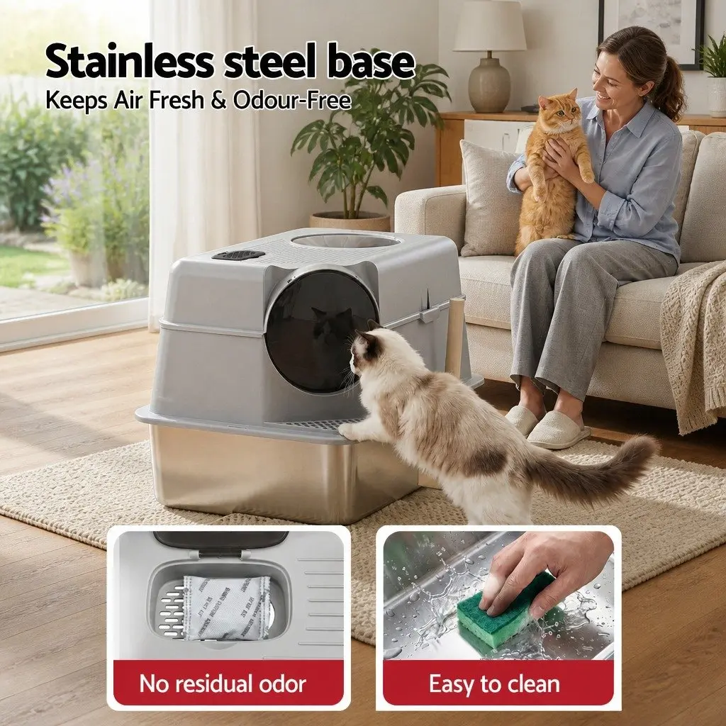 Large Stainless Steel Cat Litter Box High Sided Pet Toilet Mat Scoop Kit